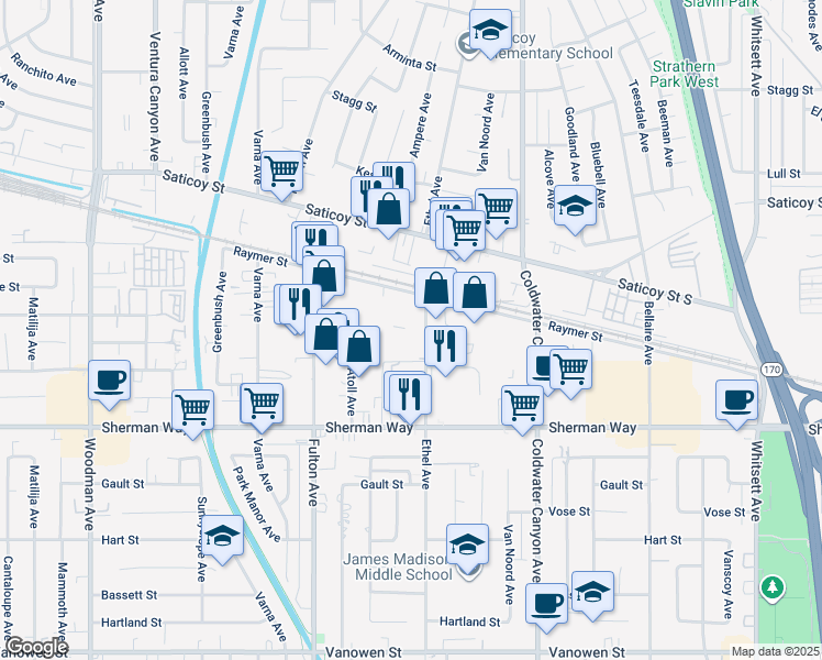 map of restaurants, bars, coffee shops, grocery stores, and more near 7347 Ethel Avenue in Los Angeles