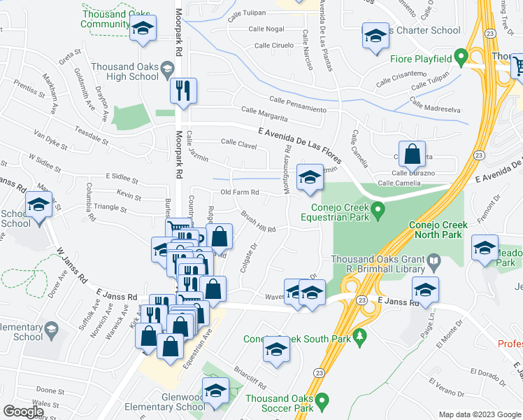 map of restaurants, bars, coffee shops, grocery stores, and more near 90 Old Farm Court in Thousand Oaks