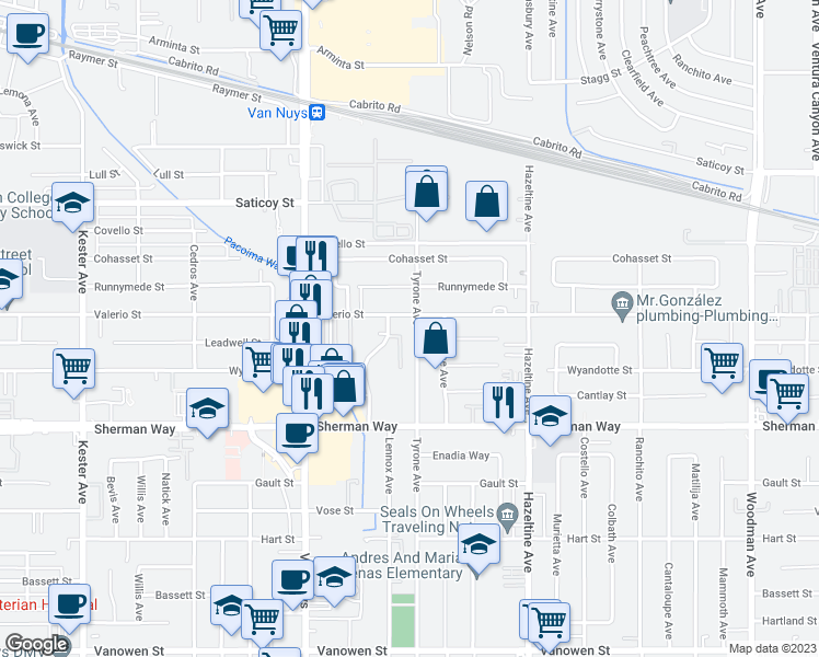 map of restaurants, bars, coffee shops, grocery stores, and more near 14306 Valerio Street in Los Angeles