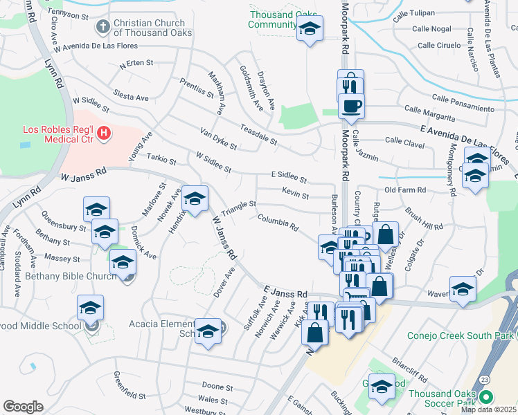 map of restaurants, bars, coffee shops, grocery stores, and more near 113 Columbia Road in Thousand Oaks