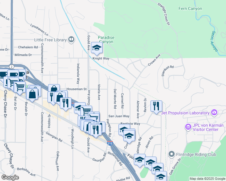 map of restaurants, bars, coffee shops, grocery stores, and more near 4923 Del Monte Road in La Cañada Flintridge