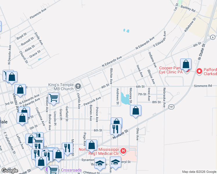 map of restaurants, bars, coffee shops, grocery stores, and more near 1601-1713 Martin Luther King Boulevard in Clarksdale