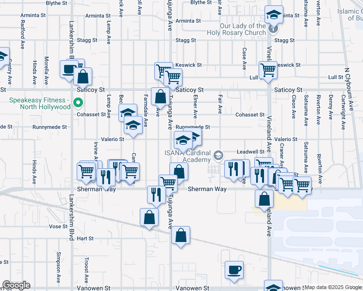 map of restaurants, bars, coffee shops, grocery stores, and more near 7347 Bakman Avenue in Los Angeles