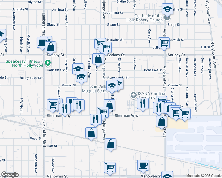 map of restaurants, bars, coffee shops, grocery stores, and more near 7347 Bakman Avenue in Los Angeles