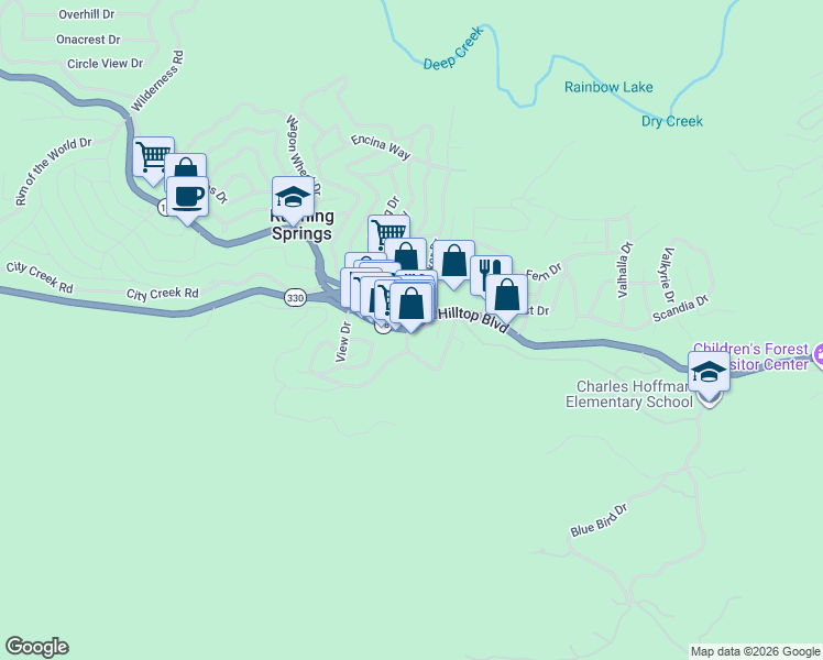 map of restaurants, bars, coffee shops, grocery stores, and more near 32013 Holiday Lane in Running Springs