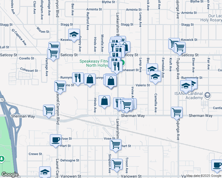 map of restaurants, bars, coffee shops, grocery stores, and more near 7355 Lankershim Boulevard in Los Angeles