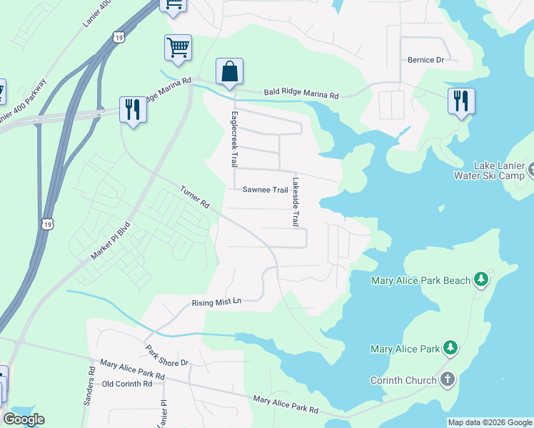 map of restaurants, bars, coffee shops, grocery stores, and more near 2455 Hawk Creek Trail in Cumming