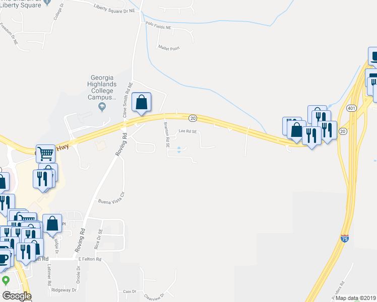 map of restaurants, bars, coffee shops, grocery stores, and more near 24 Stoneybrook Court Southeast in Cartersville