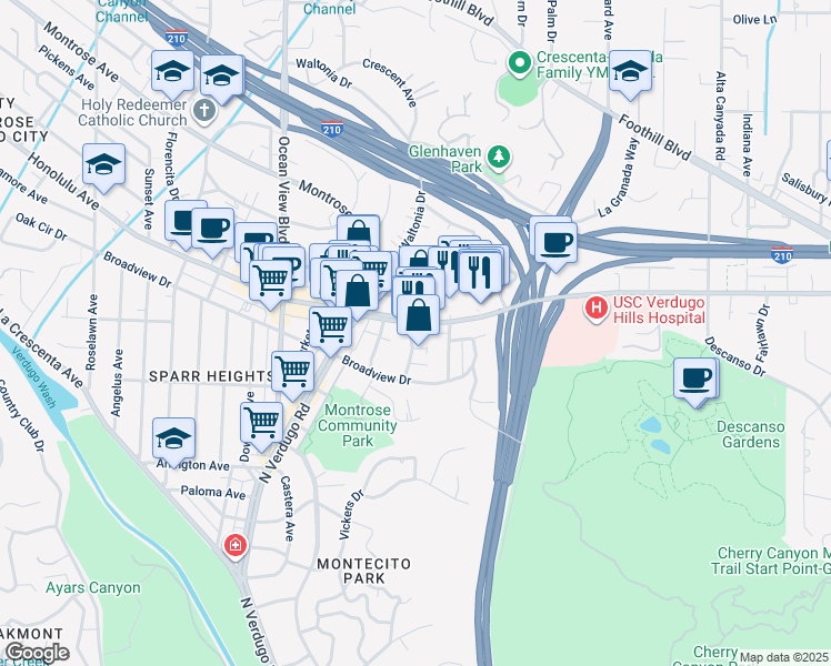 map of restaurants, bars, coffee shops, grocery stores, and more near 2060 Verdugo Boulevard in Glendale