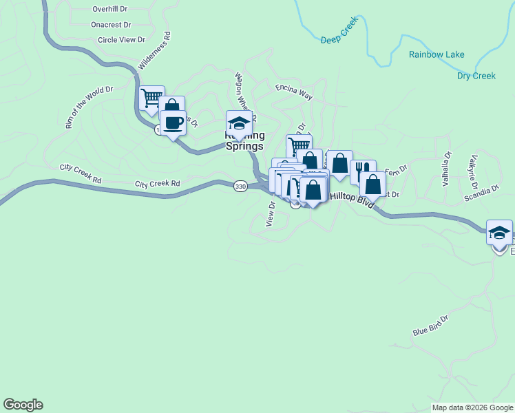 map of restaurants, bars, coffee shops, grocery stores, and more near 2713 Preston Drive in Running Springs