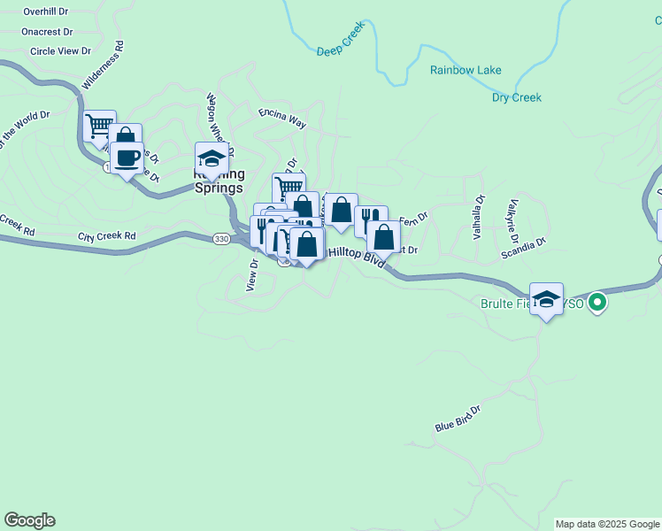 map of restaurants, bars, coffee shops, grocery stores, and more near 32075 Hilltop Boulevard in Running Springs