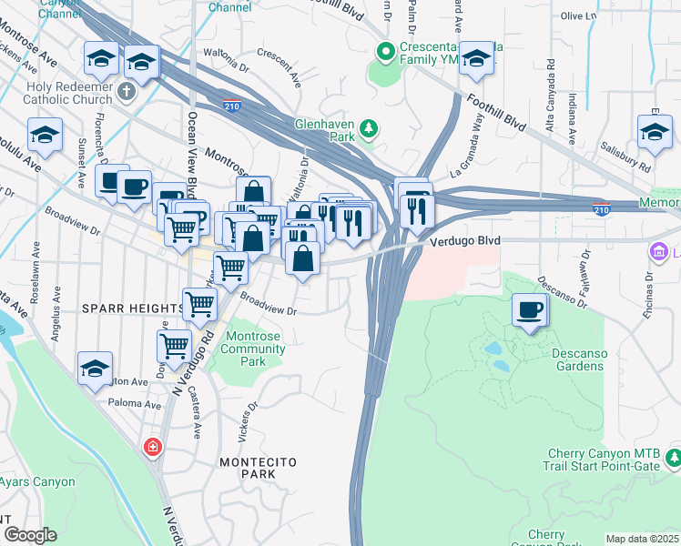 map of restaurants, bars, coffee shops, grocery stores, and more near 3644 Stancrest Drive in Glendale