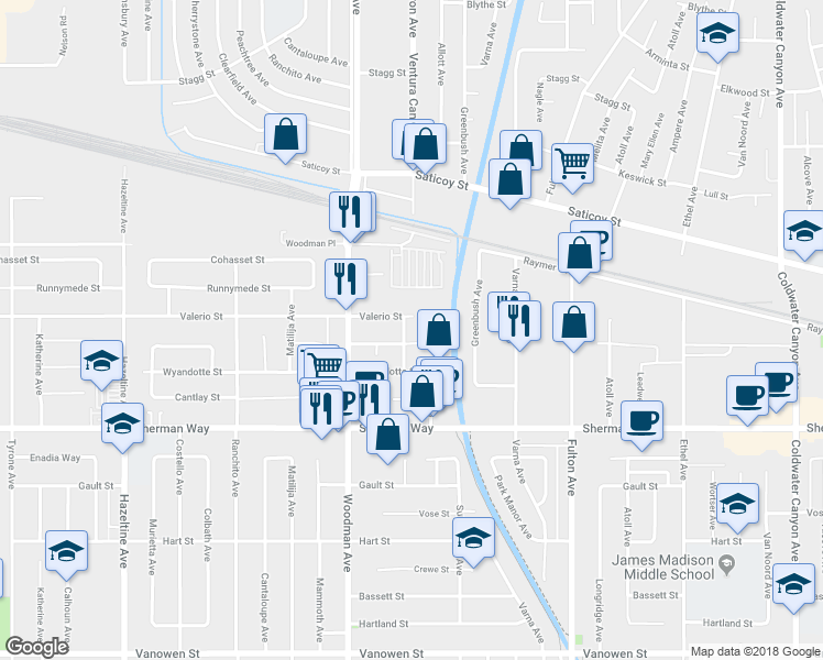 map of restaurants, bars, coffee shops, grocery stores, and more near 13610 Valerio Street in Los Angeles