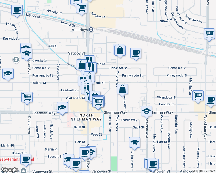 map of restaurants, bars, coffee shops, grocery stores, and more near 7365 Lennox Avenue in Los Angeles