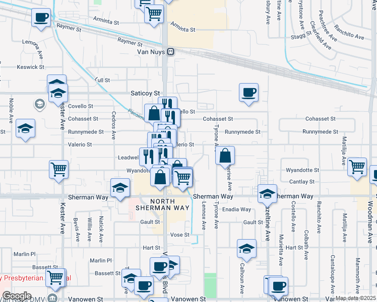 map of restaurants, bars, coffee shops, grocery stores, and more near 14420 Valerio Street in Los Angeles