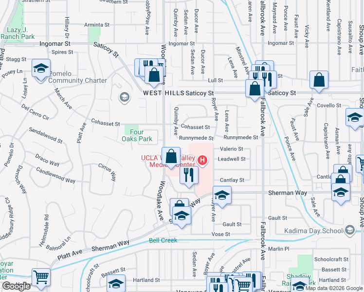 map of restaurants, bars, coffee shops, grocery stores, and more near 23113 Valerio Street in Los Angeles