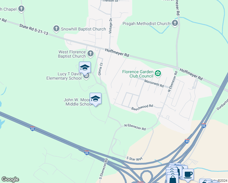 map of restaurants, bars, coffee shops, grocery stores, and more near 353 Wrenfield Road in Florence