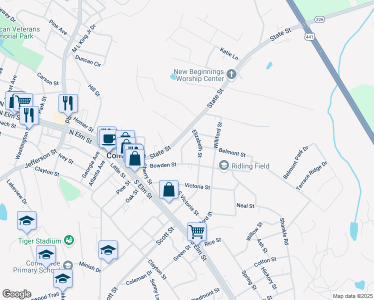 map of restaurants, bars, coffee shops, grocery stores, and more near 84 North Bowden Street in Commerce