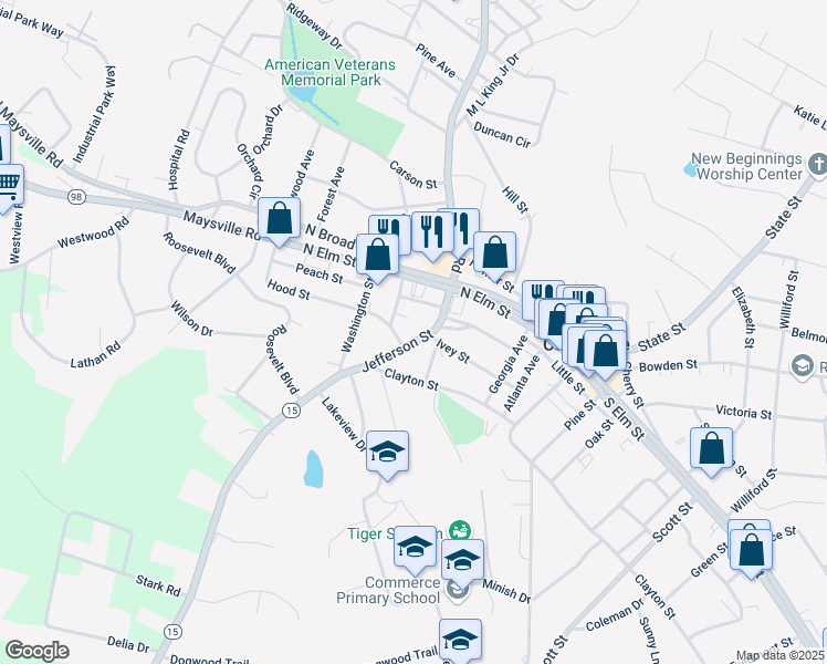 map of restaurants, bars, coffee shops, grocery stores, and more near 9075 Jefferson Street in Commerce