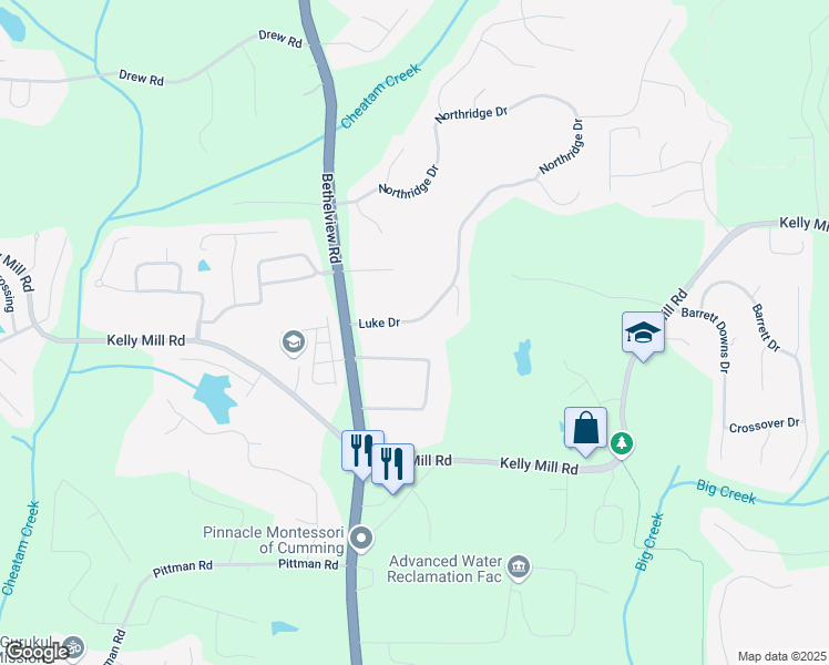 map of restaurants, bars, coffee shops, grocery stores, and more near 4950 Luke Drive in Cumming