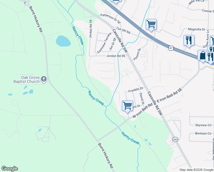 map of restaurants, bars, coffee shops, grocery stores, and more near 51 William Drive in Cartersville