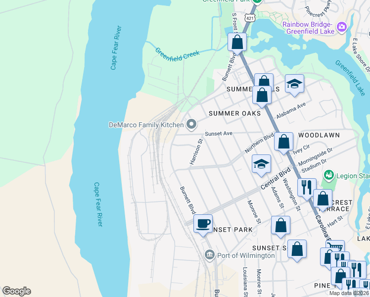 map of restaurants, bars, coffee shops, grocery stores, and more near 22 Madison Street in Wilmington
