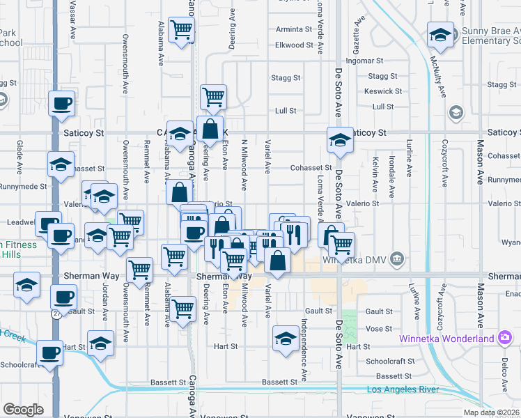 map of restaurants, bars, coffee shops, grocery stores, and more near 7351 Variel Avenue in Los Angeles