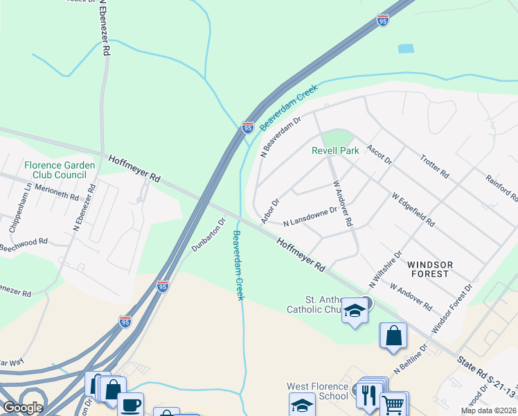 map of restaurants, bars, coffee shops, grocery stores, and more near 516 North Beaverdam Drive in Florence
