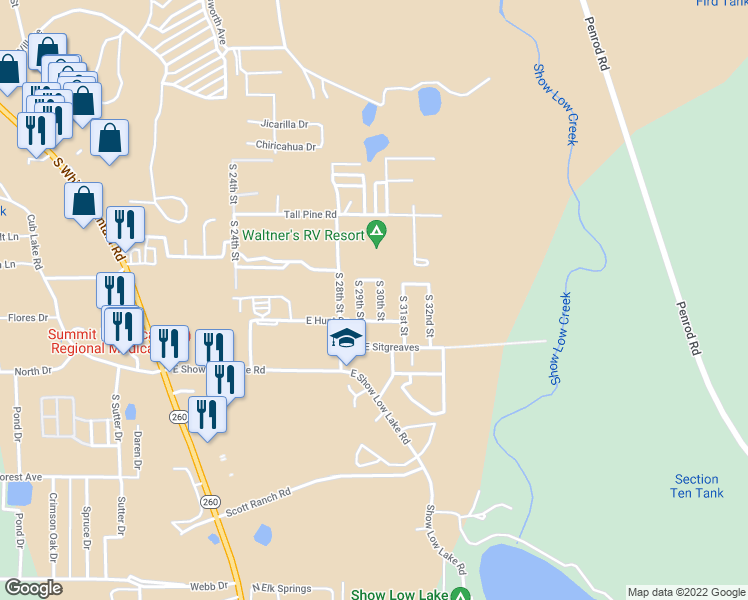map of restaurants, bars, coffee shops, grocery stores, and more near 4920 South 30th Street in Show Low