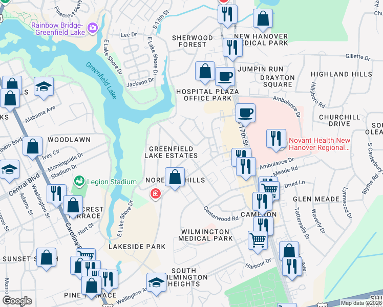 map of restaurants, bars, coffee shops, grocery stores, and more near 2149 Yaupon Drive in Wilmington