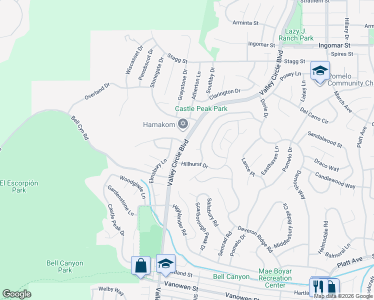 map of restaurants, bars, coffee shops, grocery stores, and more near 24309 Belford Court in Los Angeles