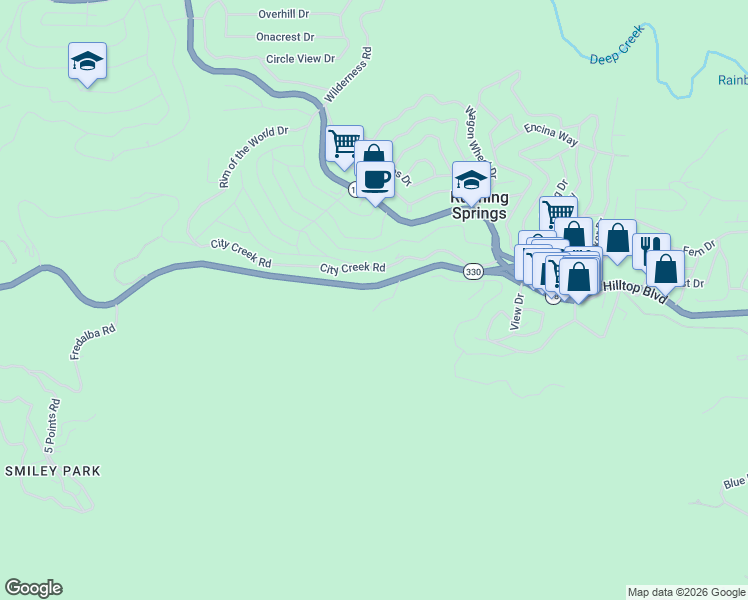 map of restaurants, bars, coffee shops, grocery stores, and more near 31601 California 330 in Running Springs