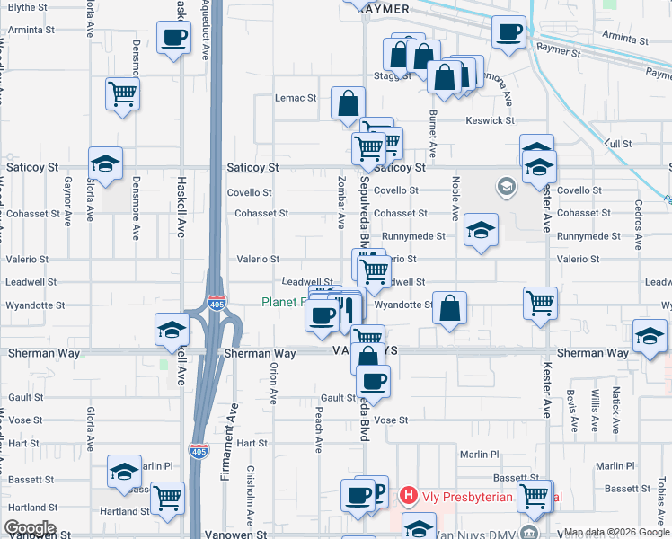 map of restaurants, bars, coffee shops, grocery stores, and more near 7357 Sepulveda Boulevard in Los Angeles