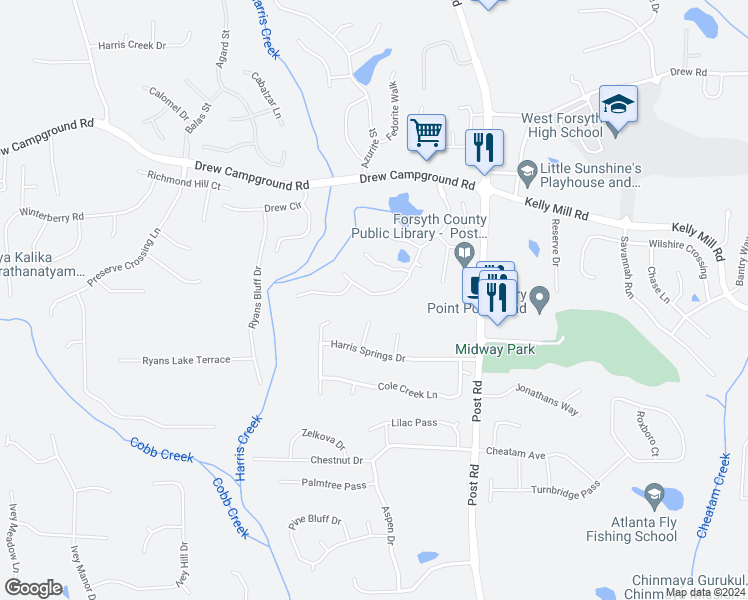 map of restaurants, bars, coffee shops, grocery stores, and more near 3805 Elder Field Lane in Cumming