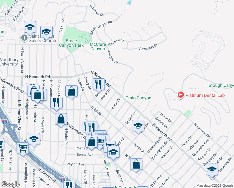 map of restaurants, bars, coffee shops, grocery stores, and more near 742 Jamestown Road in Burbank