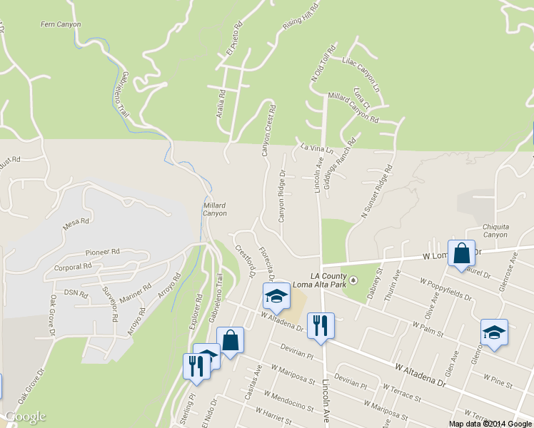 map of restaurants, bars, coffee shops, grocery stores, and more near 3556 Canyon Crest Road in Altadena