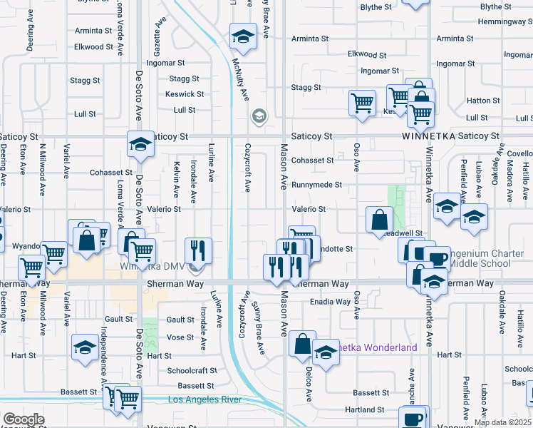 map of restaurants, bars, coffee shops, grocery stores, and more near 20528 Valerio Street in Los Angeles