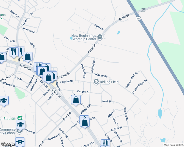 map of restaurants, bars, coffee shops, grocery stores, and more near Belmont Street in Commerce