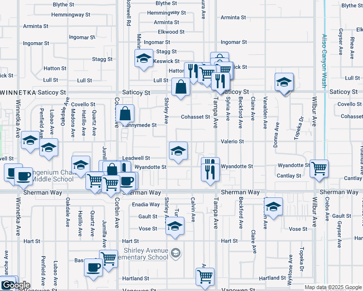 map of restaurants, bars, coffee shops, grocery stores, and more near 19424 Valerio Street in Los Angeles