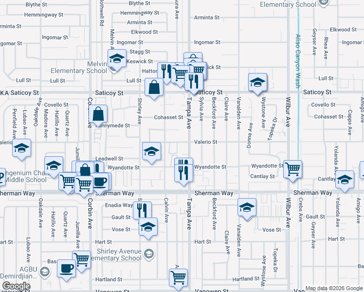 map of restaurants, bars, coffee shops, grocery stores, and more near 19314 Valerio Street in Los Angeles