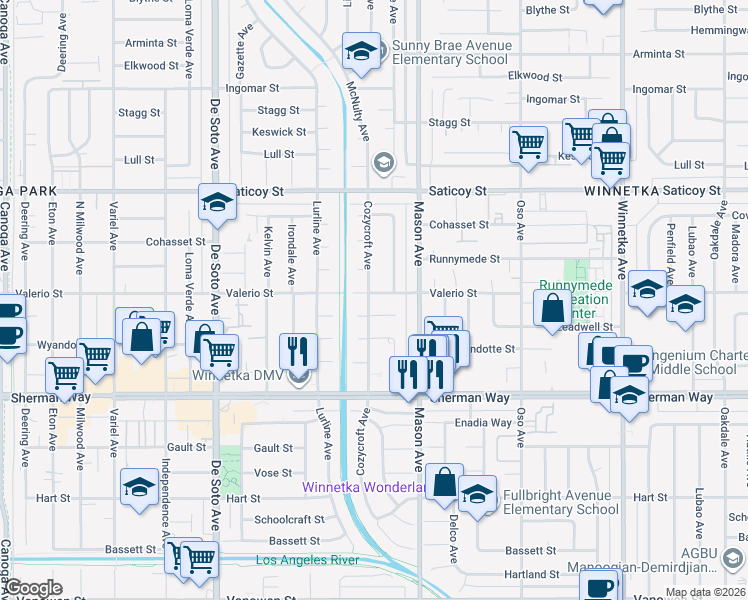 map of restaurants, bars, coffee shops, grocery stores, and more near 20554 Valerio Street in Los Angeles