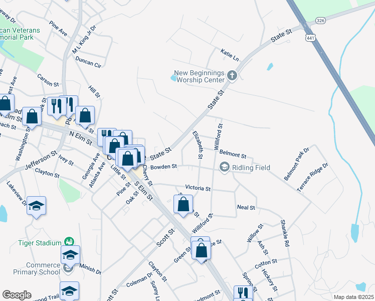 map of restaurants, bars, coffee shops, grocery stores, and more near 84 N Bowden St in Commerce