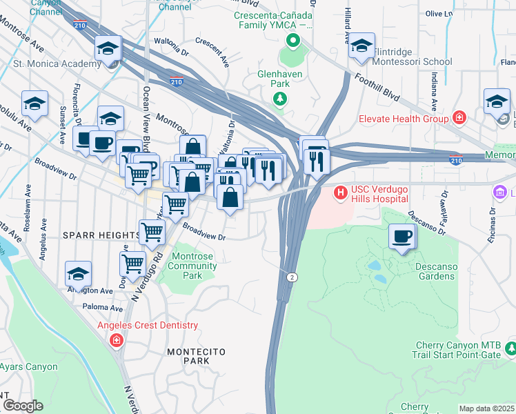 map of restaurants, bars, coffee shops, grocery stores, and more near 3644 Stancrest Drive in Glendale