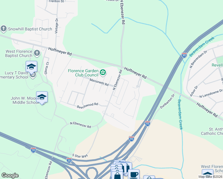 map of restaurants, bars, coffee shops, grocery stores, and more near 369 Tivoli Drive in Florence