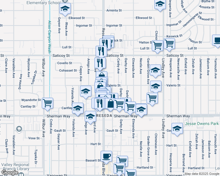 map of restaurants, bars, coffee shops, grocery stores, and more near 18400 Valerio Street in Los Angeles