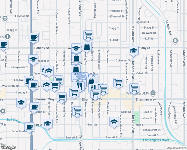 map of restaurants, bars, coffee shops, grocery stores, and more near 7356 Eton Avenue in Los Angeles
