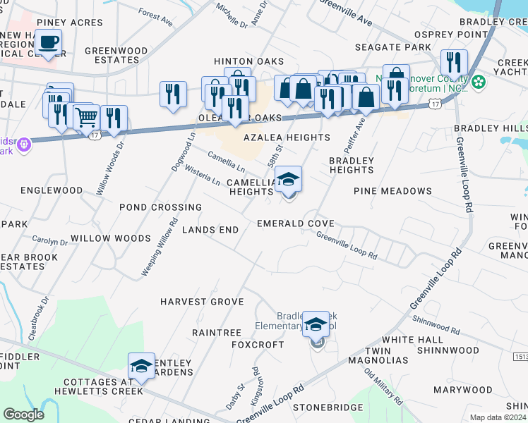 map of restaurants, bars, coffee shops, grocery stores, and more near 5829 Gardenia Ln in Wilmington