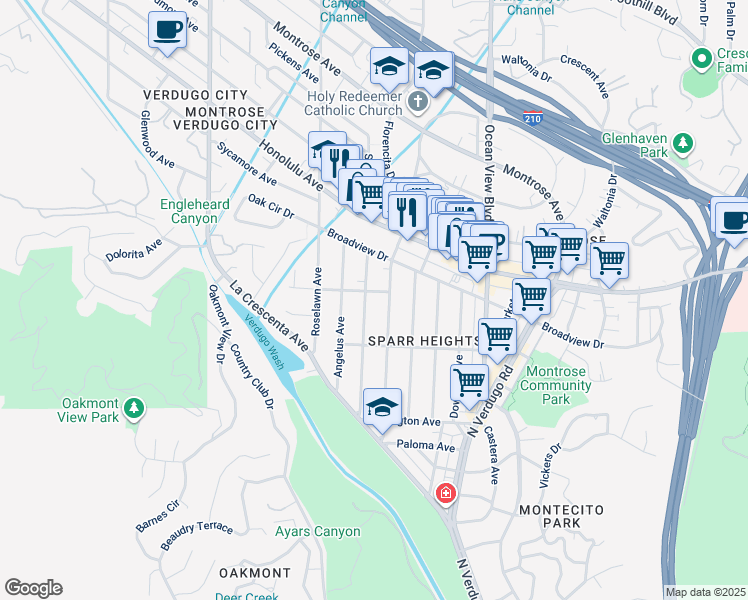 map of restaurants, bars, coffee shops, grocery stores, and more near 3544 Sierra Vista Avenue in Glendale