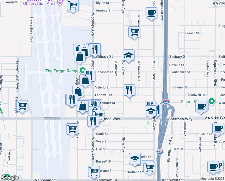 map of restaurants, bars, coffee shops, grocery stores, and more near 15942 Valerio Street in Los Angeles