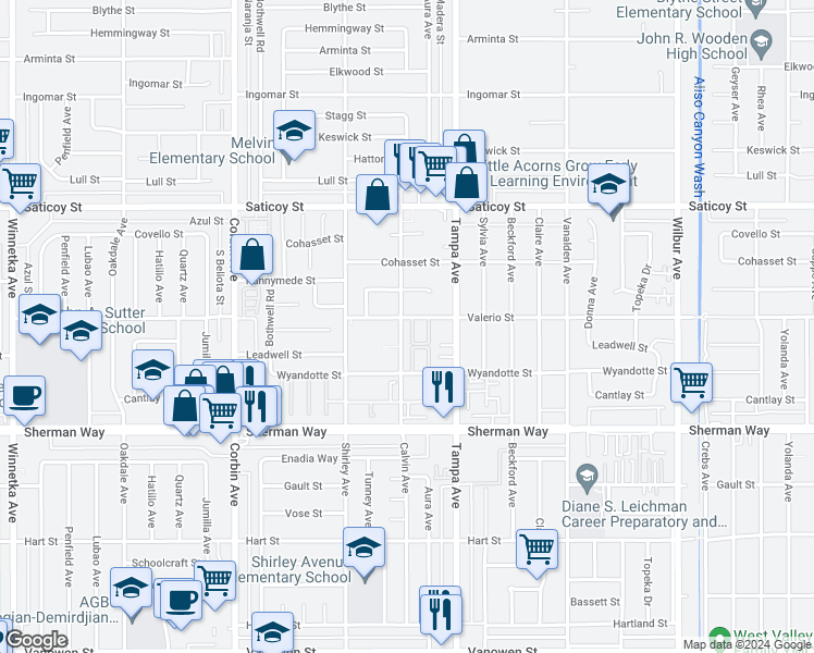 map of restaurants, bars, coffee shops, grocery stores, and more near 7351 Bonnie Place in Los Angeles